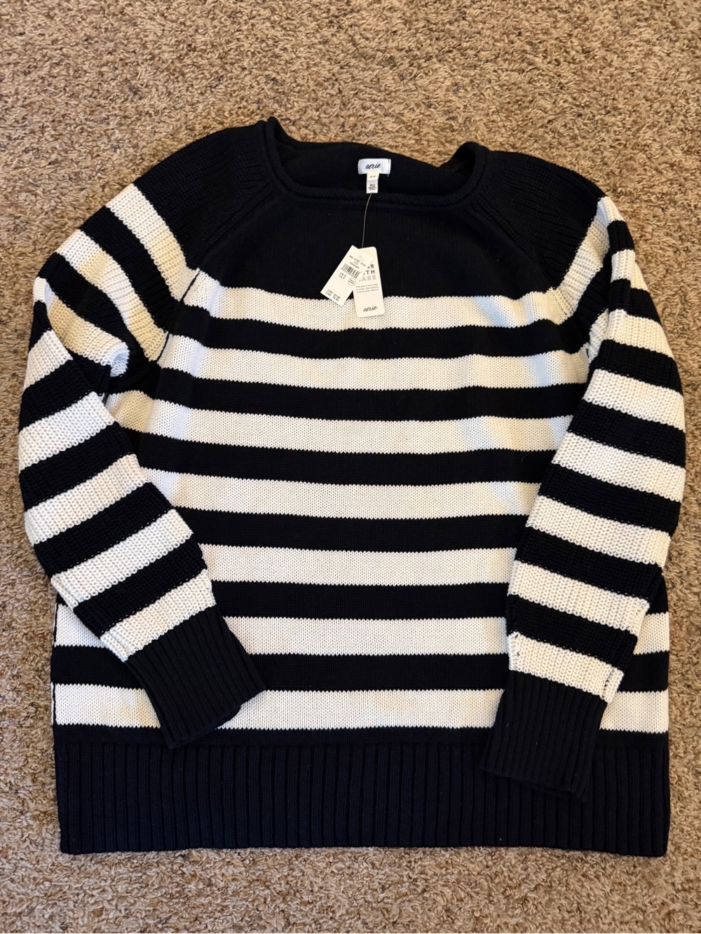 aerie Black & White Striped Crewneck Sweater
